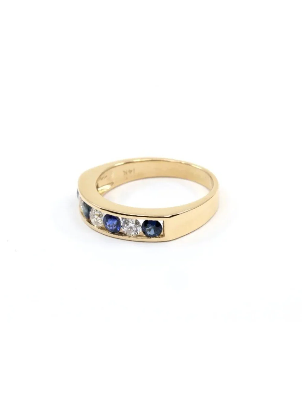 14K Solid Yellow Gold Sapphire Diamond Alternating Channel Set Wedding Band Ring